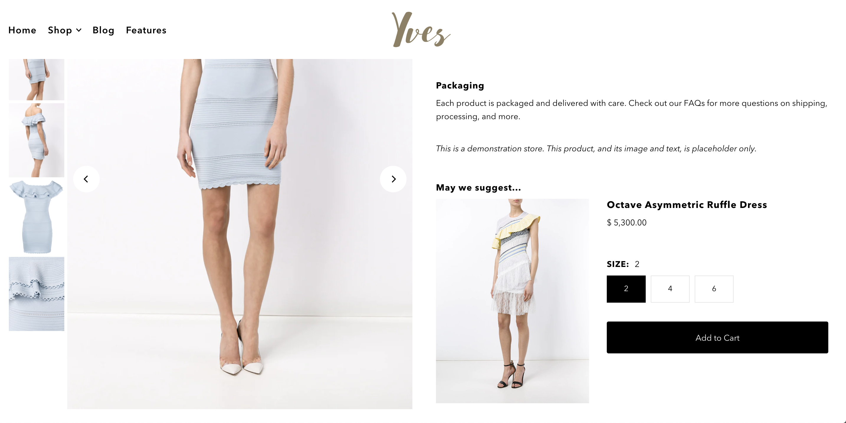 Screenshot of a dress product page from Yves’s website using Icon theme that is one of the best Shopify themes for clothing.